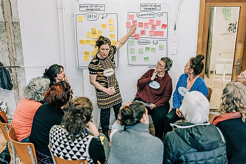 Negli «spazi progetti», i partecipanti discutono delle idee esistenti, come qui a Glarona.