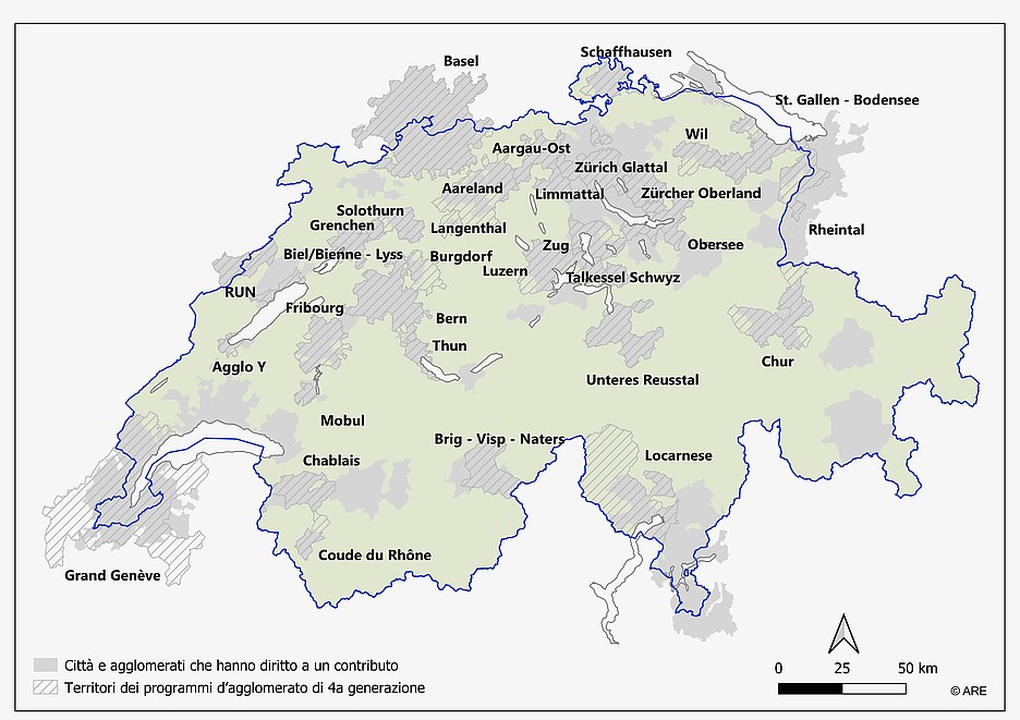 La mappa mostra i diversi agglomerati della Svizzera.